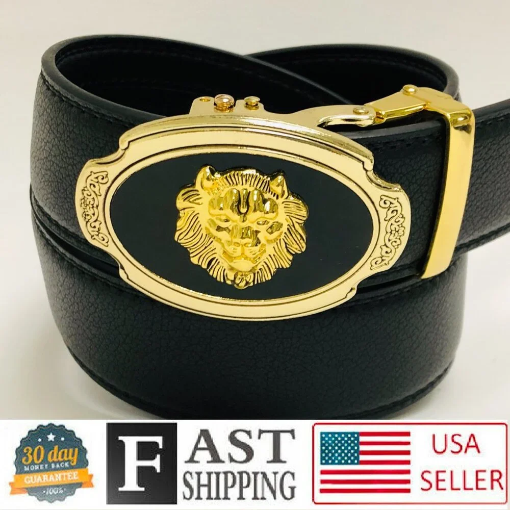 Black Leather Belt Automatic Buckle Slide Belts No Hole Strep Ratchet Buckle Men
